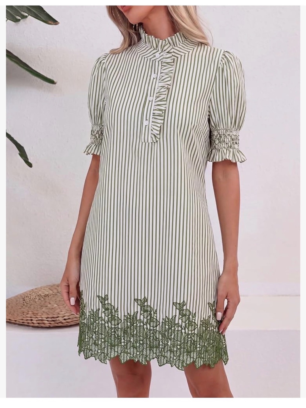 Striped Green OR Brown Floral Hem Puff-Sleeve Dress w/ pockets NWT XL
